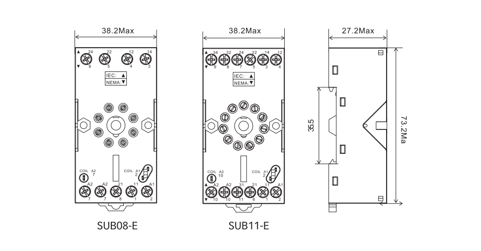 SUB08-E & SUB11-E RUB Socket Dimensions (mm)