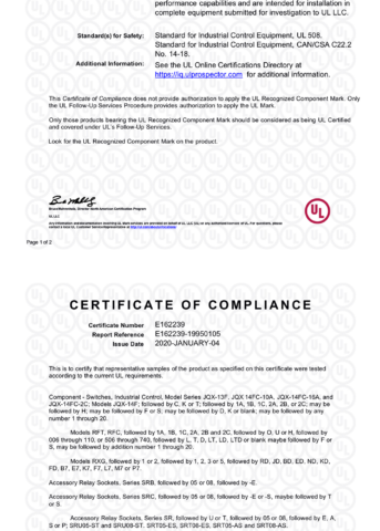 Ul-e162239 certificate of compliance - Shenler Relay