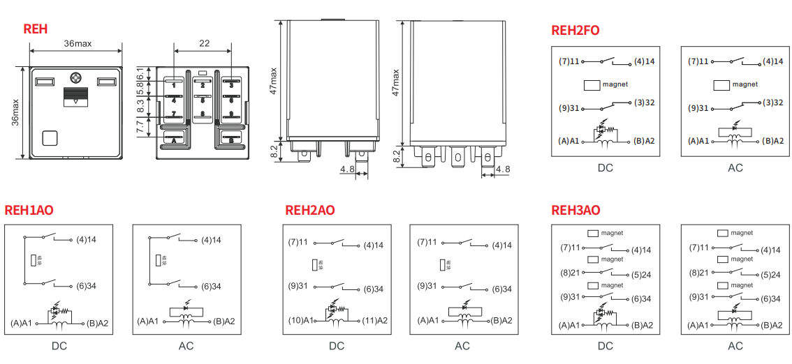 REH Magnetic Blow-out Power Relay Dimensions (mm) & Wiring Diagrams